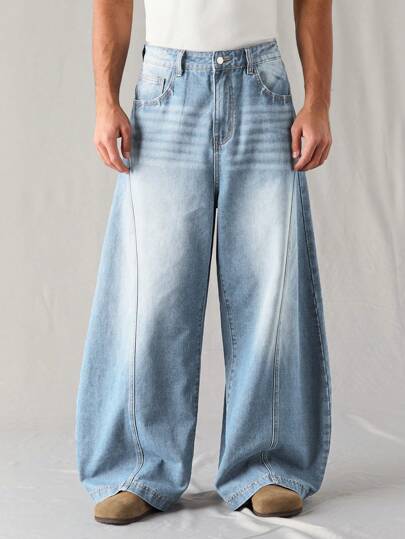 Manfinity Denimwave جينز رجالي فضفاض بقصة برميل أزرق متوسط مغسول، جينز رجالي فضفاض، جينز يونيسكس مغسول بنمط القمر مشوه