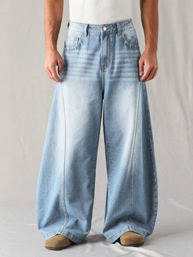 Manfinity Denimwave جينز رجالي فضفاض بقصة برميل أزرق متوسط مغسول، جينز رجالي فضفاض، جينز يونيسكس مغسول بنمط القمر مشوه