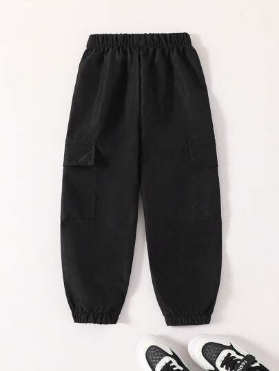SHEIN Genkimix Kids بنطلون كارجو أولاد أنيق بجيوب ثلاثية الأبعاد مع شريط جانبي، أساور مطاطية، مناسب لعمر 4-7 سنوات، مناسب للربيع/الصيف/الخريف