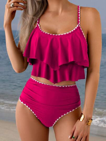 طقم تانكيني حريمي Swim Lushoire مجموعتين من ملابس السباحة لعطلة الربيع، طقم بتفاصيل الكشكشة ولوحات اللون، سراويل عالية الخصر مع كشكشة