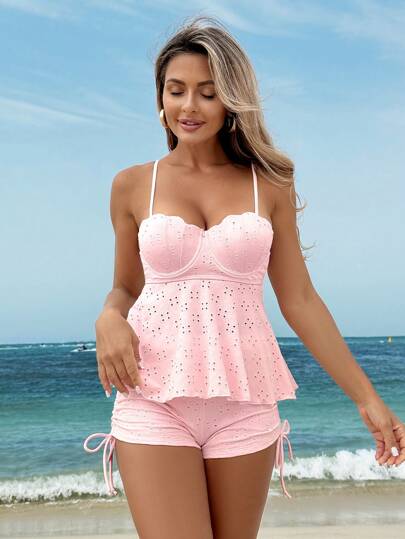 طقم تانكيني حريمي Swim Lushoire مجموعة سباحة نسائية شرابة ذات طبعة صدفة مع ملابس علوية مرفوع بحمالات وأسفل قطعتين