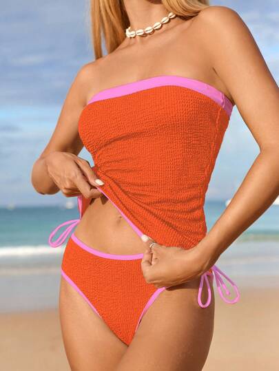 طقم تانكيني حريمي Swim Mod ملابس شاطئ فاخرة للنساء، ملابس ركبة متكسرة باللون الأحادي ذات حمالات سباغتي وسير جانبي متقلص، طقم بكيني ذو حمالات سباغتي أنيق