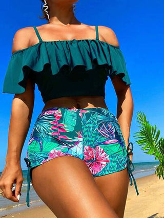 طقم تانكيني حريمي Swim Lushoire طقم صدرية شاملة بفتحة في الكتف واحدة وسروال تانكيني مطبوع طابع عشوائي، مجموعة تانكيني