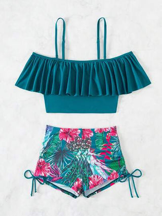 طقم تانكيني حريمي Swim Lushoire طقم صدرية شاملة بفتحة في الكتف واحدة وسروال تانكيني مطبوع طابع عشوائي، مجموعة تانكيني