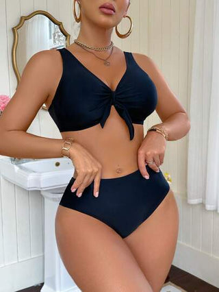 طقم تانكيني حريمي Swim DD+ بكيني للنساء بقطعتين لون أحادي مربوط من الأمام، ملابس سباحة إغراء