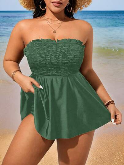 Swim Lushoire مجموعة قطعتين ملابس سباحة للسيدات ذوات الحجم الكبير، بنطلون وأعلى أنيق بدون حمالات، تصميم بسيط للعطلات والإجازات
