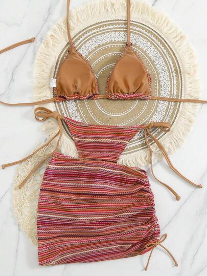 طقم تانكيني حريمي Bikinx بيكيني مع غطاء تنورة للنساء بنمط موجة على الرقبة، أنيق للحفلات الشاطئية