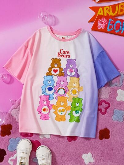 تيشيرتات بناتي X Care Bears تي شيرت صيفية فضفاضة مع طباعة الدب الملونة بياقة دائرية وأكمام منسدلة للفتيات المراهقات