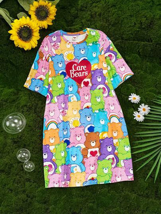 بيجاما X Care Bears فستان نوم كاجوال للبنات المراهقات مزخرف بطباعة دبدوب كرتوني، مناسب لجميع الفصول