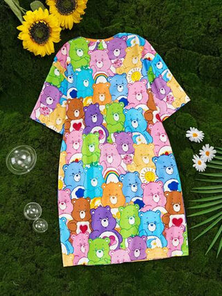 بيجاما X Care Bears فستان نوم كاجوال للبنات المراهقات مزخرف بطباعة دبدوب كرتوني، مناسب لجميع الفصول
