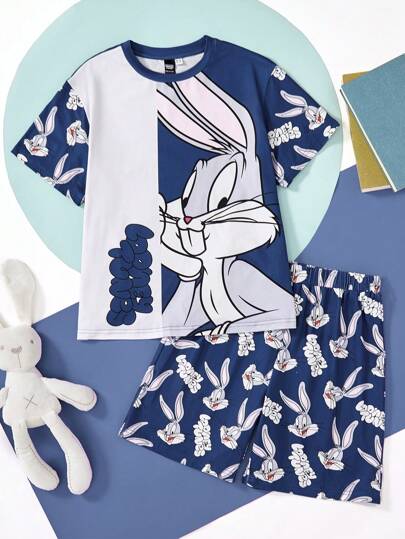 LOONEY TUNES X SHEIN طقم بيجاما لمراهق مريح مكون من تي شيرت كاجوال بأكمام قصيرة وشورت مطبوع عليه رسوم أرنب كرتوني