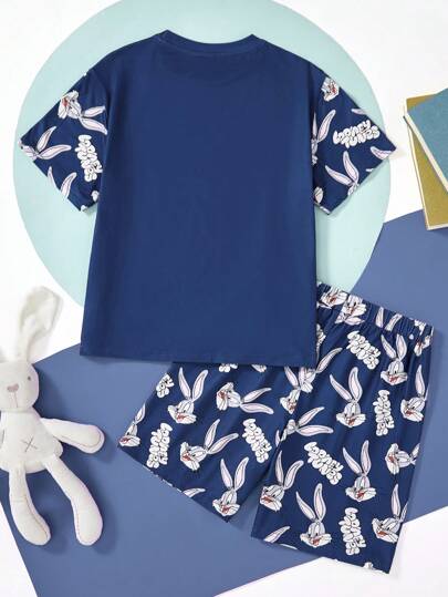 LOONEY TUNES X SHEIN طقم بيجاما لمراهق مريح مكون من تي شيرت كاجوال بأكمام قصيرة وشورت مطبوع عليه رسوم أرنب كرتوني