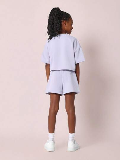girls-sets SUMWON مجموعة ملابس نسائية شبابية للاسترخاء مطبوعة بشعار La ، مكونة من ملابس علوية كت قصير الأكمام ومطابقة له شورت، ملابس رياضية في الشارع مريحة ومناسبة للصيف