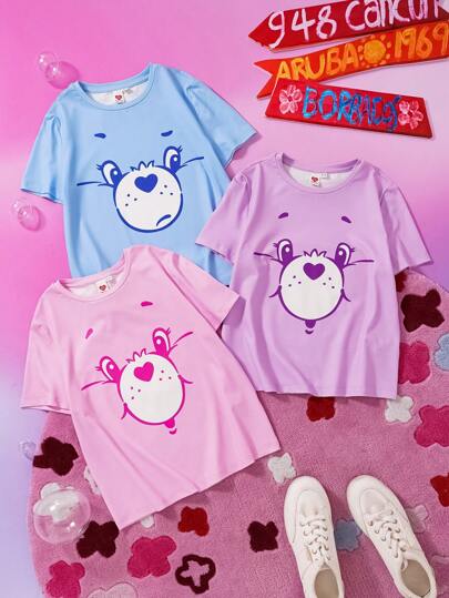 ملابس بناتي X Care Bears تي شيرت تيشيرت قصير الأكمام للفتاة المراهقة ذو رسوم قلب ودب كرتونية جميلة ومريح ،متعدد الاستخدامات في الألوان البنفسجي والوردي والأزرق