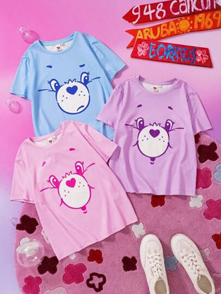 ملابس بناتي X Care Bears تي شيرت تيشيرت قصير الأكمام للفتاة المراهقة ذو رسوم قلب ودب كرتونية جميلة ومريح ،متعدد الاستخدامات في الألوان البنفسجي والوردي والأزرق