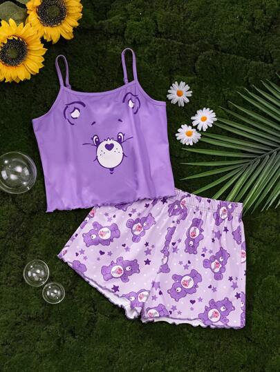 بيجاما X Care Bears طقم بجامة من ملابس علوية كامي وشورت بطبعات نجوم وأشكال دببة جميلة للبنات المراهقات، أزياء نوم صيفية