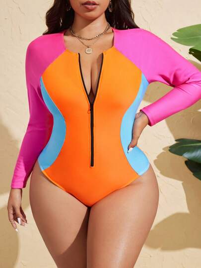 Swim SPRTY زي السباحة قطعة واحدة مع أكمام طويلة وسوستة للمرأة بمقاسات كبيرة، موضة عصرية للعطلات والشاطئ