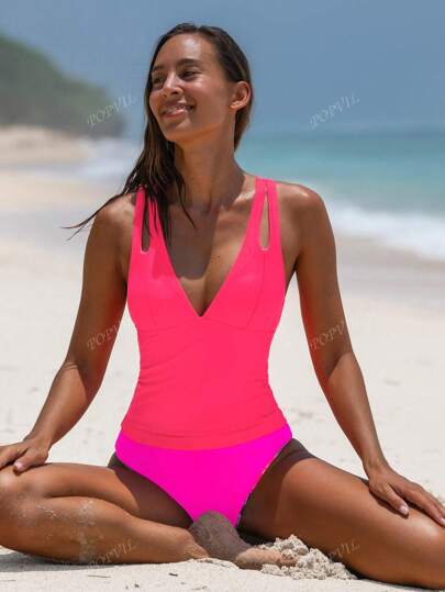 طقم تانكيني حريمي popvil مجموعة بوهو قابلة للعكس العميقة على شكل V-neck، اطلالة شاطئية للعطلات بفتحات