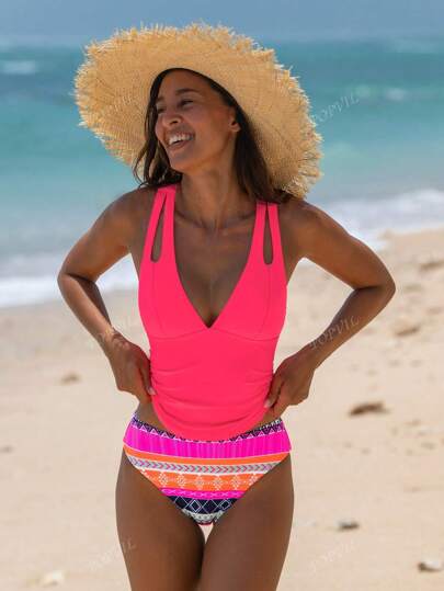 طقم تانكيني حريمي popvil مجموعة بوهو قابلة للعكس العميقة على شكل V-neck، اطلالة شاطئية للعطلات بفتحات