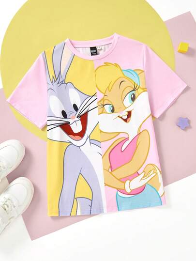 ملابس بناتي LOONEY TUNES X  تي شيرت كم قصير برقبة طاقم مطبوع برسوم أرنب للفتيات المراهقات