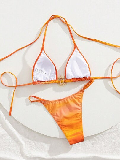 Swim SXY بيكيني عطلة شاطئية أومبير مجموعة للنساء، إطلالات صيفية مع ملابس علوية مثلث والإكسسوارات الذهبية