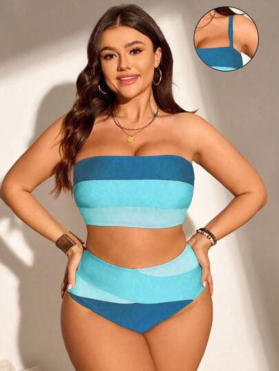 SHEIN Swim Curve مجموعة بيكيني بنمط بكينى حريمى حجم كبير مكون من 2 قطع، قطعة علوية بحمالات وقطعة سفلية مخططة، مجموعة بيكينى عصرية وكاجوال