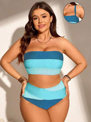 SHEIN Swim Curve مجموعة بيكيني بنمط بكينى حريمى حجم كبير مكون من 2 قطع، قطعة علوية بحمالات وقطعة سفلية مخططة، مجموعة بيكينى عصرية وكاجوال