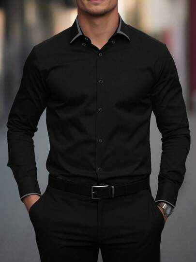 Manfinity Homme قميص أعمال أحادي الصدر عادي، مناسب للتنقل اليومي، للخريف