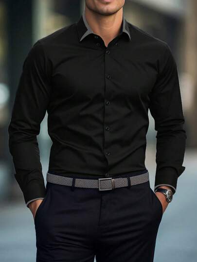 Manfinity Homme قميص أعمال أحادي الصدر عادي، مناسب للتنقل اليومي، للخريف