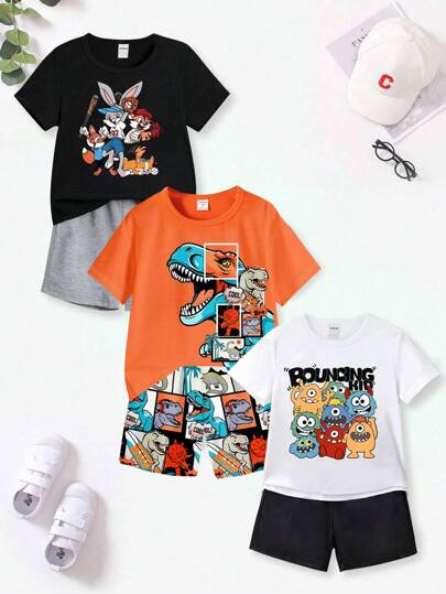 SHEIN GraphicGems 6 قطعة/طقم ملابس أطفال صبي كاجوال أنيق مكون من تي شيرت مطبوع برسوم كارتونية لديناصور و وحش قصير