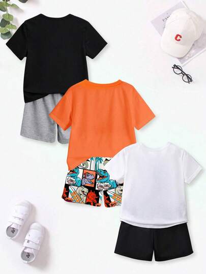 SHEIN GraphicGems 6 قطعة/طقم ملابس أطفال صبي كاجوال أنيق مكون من تي شيرت مطبوع برسوم كارتونية لديناصور و وحش قصير