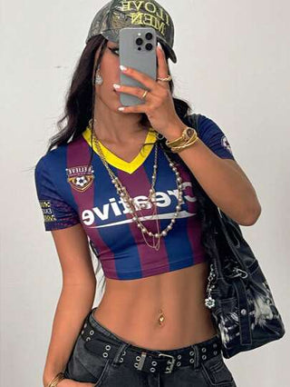 طقم تانكيني حريمي Coolane تيشيرت أطفال لصيف/ربيع النساء ضيق بياقة على شكل حرف V، مقصر، مشرب بالألوان الأزرق والأحمر بصفائر ونقشات أرقام، ملائم لخروج الشارع