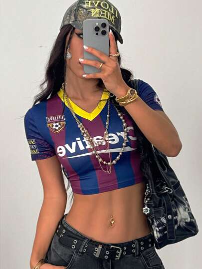 طقم تانكيني حريمي Coolane تيشيرت أطفال لصيف/ربيع النساء ضيق بياقة على شكل حرف V، مقصر، مشرب بالألوان الأزرق والأحمر بصفائر ونقشات أرقام، ملائم لخروج الشارع