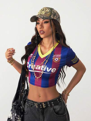 طقم تانكيني حريمي Coolane تيشيرت أطفال لصيف/ربيع النساء ضيق بياقة على شكل حرف V، مقصر، مشرب بالألوان الأزرق والأحمر بصفائر ونقشات أرقام، ملائم لخروج الشارع