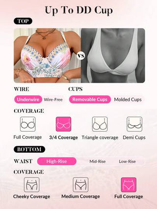 Swim DD+ طقم ملابس السباحة للنساء 4 قطع، يتكون من: ملابس علوية تانكيني بحزام رفع، سروال بيكيني ثلاثي، تنورة قصيرة جيلي ، مجموعة ملابس السباحة المزينة بطبعات زهرية