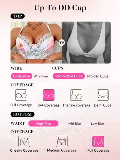 طقم تانكيني حريمي Swim DD+ طقم ملابس السباحة للنساء 4 قطع، يتكون من: ملابس علوية تانكيني بحزام رفع، سروال بيكيني ثلاثي، تنورة قصيرة جيلي ، مجموعة ملابس السباحة المزينة بطبعات زهرية