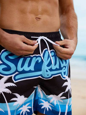 Surfspeed شورت بيتش كاجوال للرجال مطبوع بشجرة النخيل مع رباط خصر