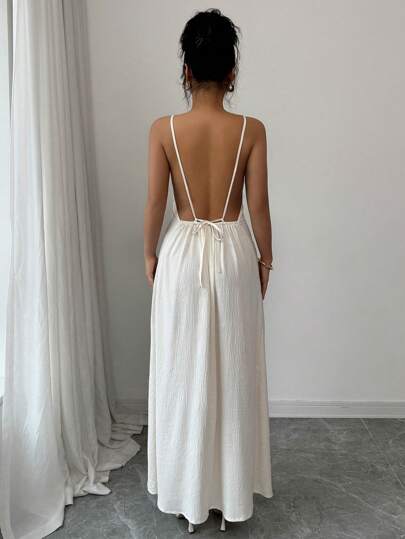 Rafferiza فستان أنثوي بلون أحادي بحمالات رفيعة وظهر مفتوح للاستخدام اليومي