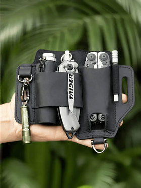 حقيبة أدوات EDC، حافظة جلد اصطناعي للتخييم في الهواء الطلق، حقيبة ظهر صغيرة متعددة الأغراض، سكين، مصباح يدوي، حزام جلد اصطناعي
