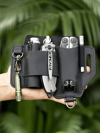 حقيبة أدوات EDC، حافظة جلد اصطناعي للتخييم في الهواء الطلق، حقيبة ظهر صغيرة متعددة الأغراض، سكين، مصباح يدوي، حزام جلد اصطناعي