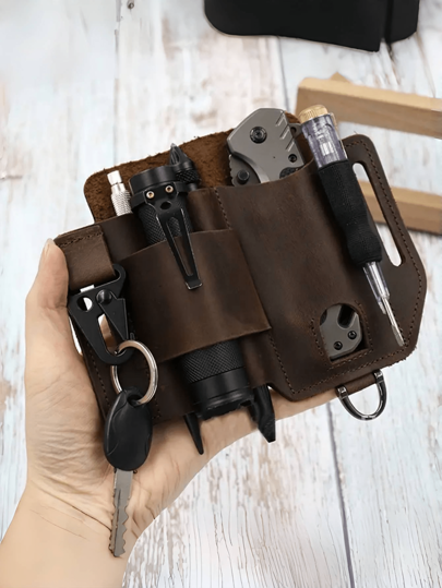 حقيبة أدوات EDC، حافظة جلد اصطناعي للتخييم في الهواء الطلق، حقيبة ظهر صغيرة متعددة الأغراض، سكين، مصباح يدوي، حزام جلد اصطناعي