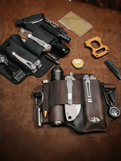 حقيبة أدوات EDC، حافظة جلد اصطناعي للتخييم في الهواء الطلق، حقيبة ظهر صغيرة متعددة الأغراض، سكين، مصباح يدوي، حزام جلد اصطناعي