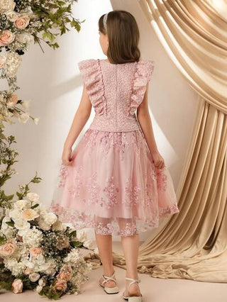 girls-sets مجموعة فتاة تشمل توب مع كشكش منسوج وتنورة مفرقعة بطبعة زهور شبكية ، بلون وردي فاتح، أنيقة وفخمة