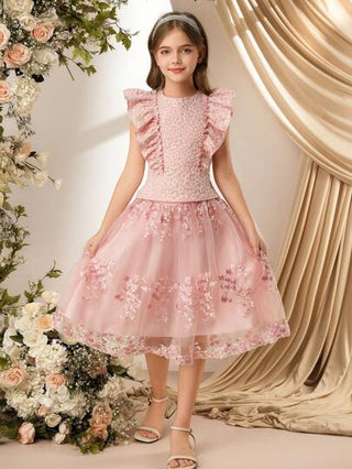 girls-sets مجموعة فتاة تشمل توب مع كشكش منسوج وتنورة مفرقعة بطبعة زهور شبكية ، بلون وردي فاتح، أنيقة وفخمة
