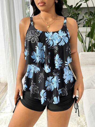 Swim Lushoire مجموعة ملابس سباحة للنساء ذوات الحجم الكبير، بطراز حمالات رفيعة ومطبوعة بزهور استوائية، صنم متواضع، ستايل محافظ وممتص للجسم، قطعتين للارتداء على الشاطئ