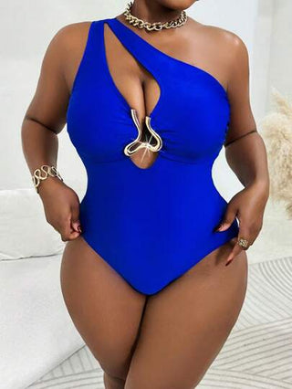 SHEIN Slayr CURVE ملابس سباحة قطعة واحدة مزينة بالذهبي مفتوحة من الجسم للنساء بمقاسات كبيرة باللون الأزرق، ملابس شاطئ كاجوال مناسبة، موسم الصيف والإقامة
