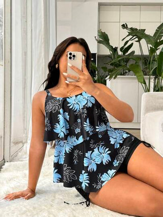 Swim Lushoire مجموعة ملابس سباحة للنساء ذوات الحجم الكبير، بطراز حمالات رفيعة ومطبوعة بزهور استوائية، صنم متواضع، ستايل محافظ وممتص للجسم، قطعتين للارتداء على الشاطئ