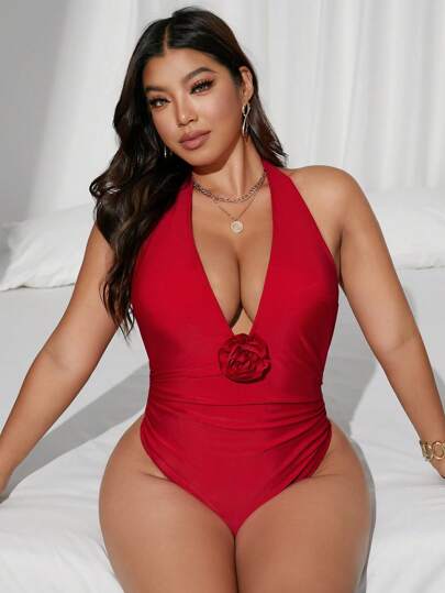 Swim Chiccia بدلة سباحة بقفطان أنيقة للمقاسات الكبيرة بديكور 3D على شكل زهور ، بطراز للذهاب لل- إجازة