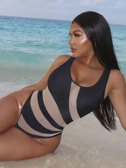 مايوه حريمي قطعة واحدة Swim Lushoire بيكيني أنثوي أسود شبه شفاف من طراز جديد لموسم الصيف