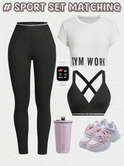 SHEIN Sport Studio مجموعة ملابس رياضية مريحة للسيدات، تي شيرت كم قصير مطبوع برسومات حروف وباليغينز